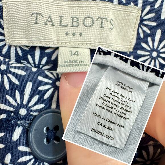 Talbots Crop Skimmer Pants Button Hem Blue Print Women 14 Coastal Preppy Stretch - Picture 8 of 14
